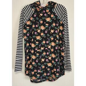 LuLaRoe Amber Floral Hoodie Black White Striped Raglan Sleeves Medium